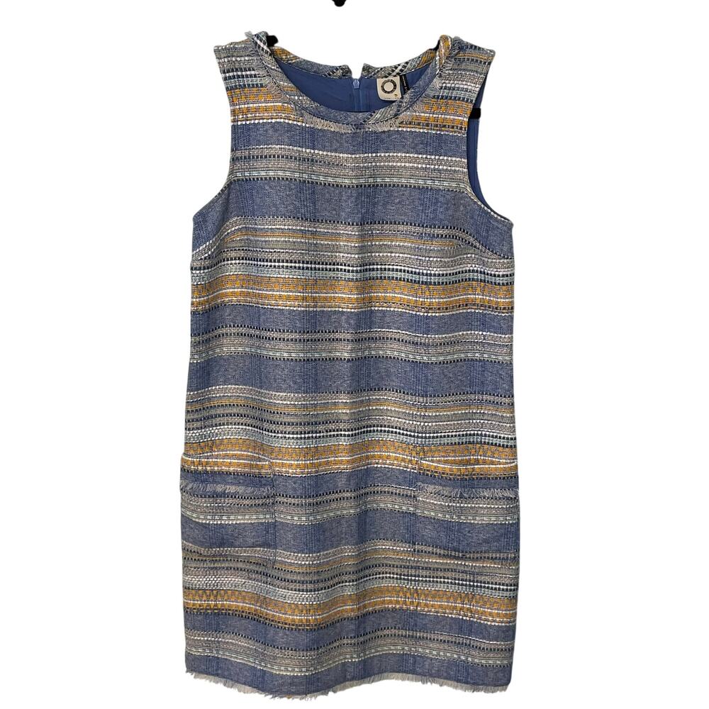 Anthropologie Akimi + Kin Dress Sz 2 Blue Sleeveless Tweed Striped Shift Pockets